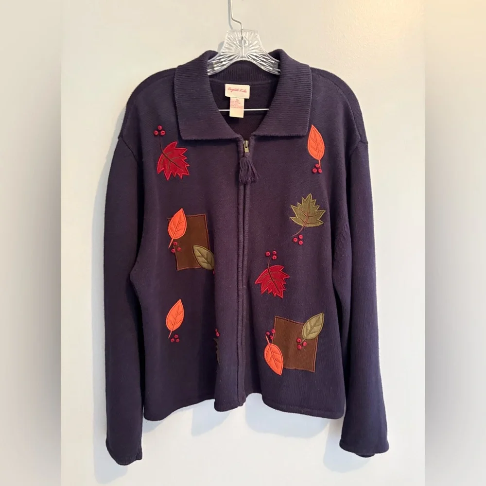 Vintage Crystal-Kobe Navy Full Zip Cardigan Leaf Fall Embroidery Collared Comfy
